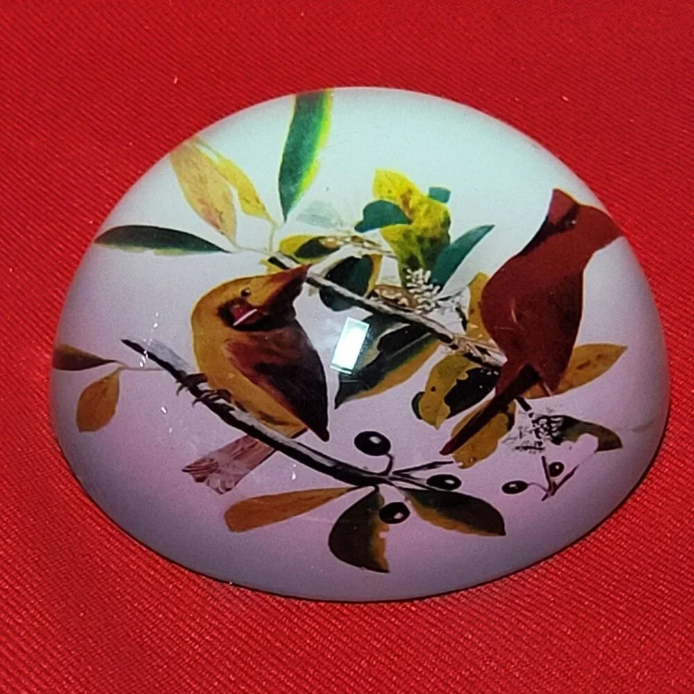 Vintage Art Glass Paperweight Bird on Olive Branches Half Round Dome